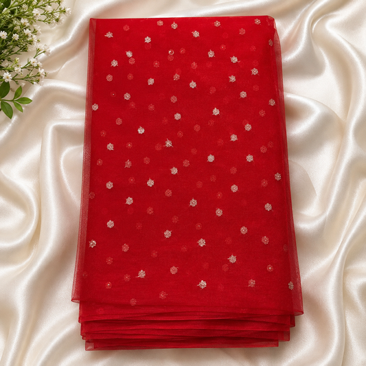 Buy Red Butti Net Fabric