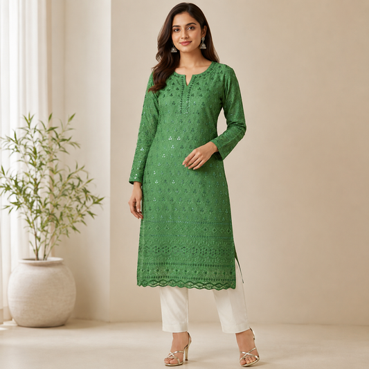 Buy Mehndi Rayon Sequence Chikankari Fabric