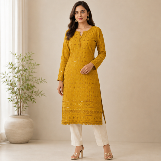 Buy Mustard Rayon Sequence Chikankari Fabric