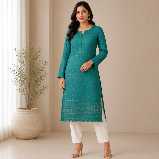 Buy Bottle Green Rayon Sequence Chikankari Fabric