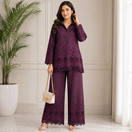 Buy Wine Color Apliq Plazo Chikankari Fabric