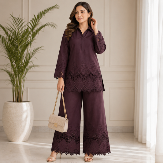 Buy Coffee Color Apliq Plazo Chikankari Fabric