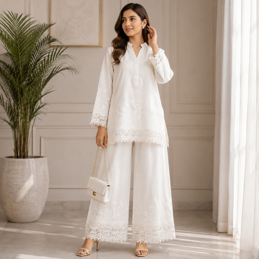 Buy Off White Color Apliq Plazo Chikankari Fabric