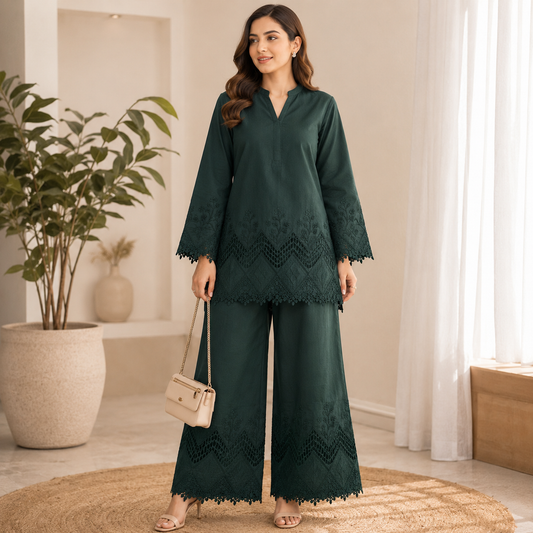 Buy Bottle Green Color Apliq Plazo Chikankari Fabric