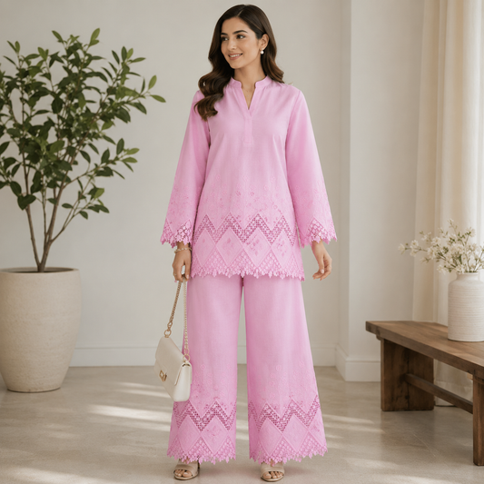 Buy Pink Color Apliq Plazo Chikankari Fabric