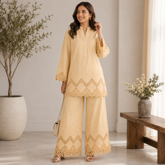 Buy Chiku Color Apliq Plazo Chikankari Fabric