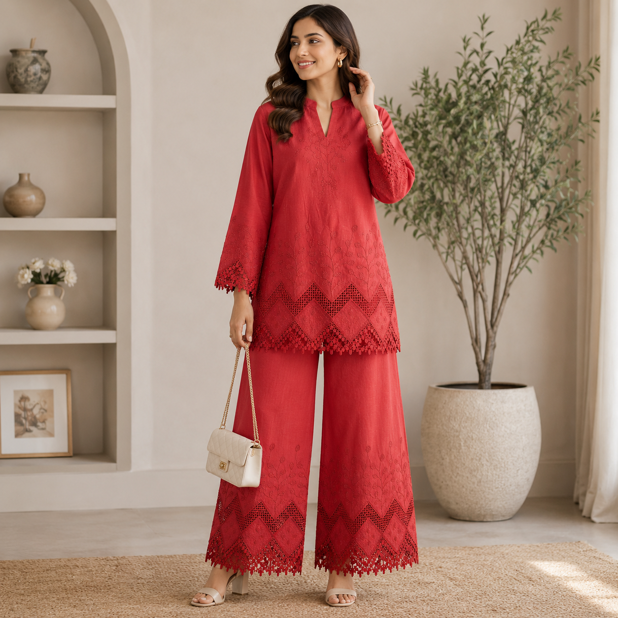 Buy Copper Color Apliq Plazo Chikankari Fabric