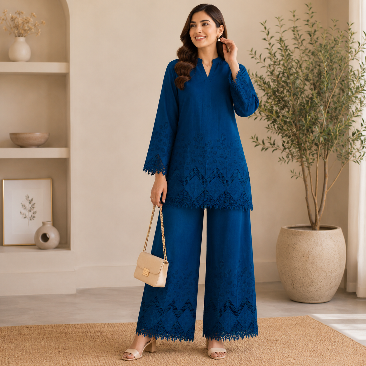 Buy Diesel Color Apliq Plazo Chikankari Fabric