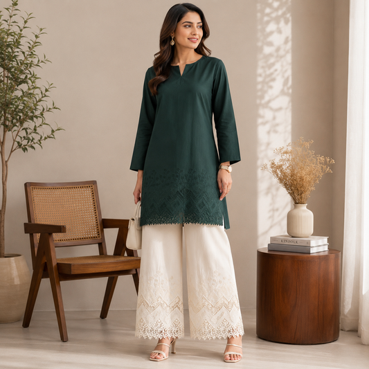 Buy Combo Bottle Green & Off White Color Apliq Plazo Chikankari Fabric