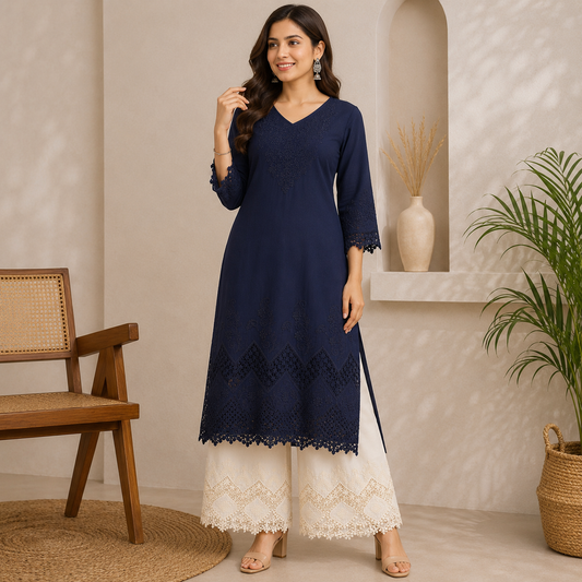 Buy Combo Navy Blue & Off White Color Apliq Plazo Chikankari Fabric