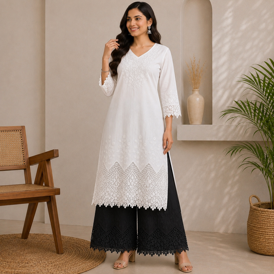 Buy Combo White & Black Color Apliq Plazo Chikankari Fabric