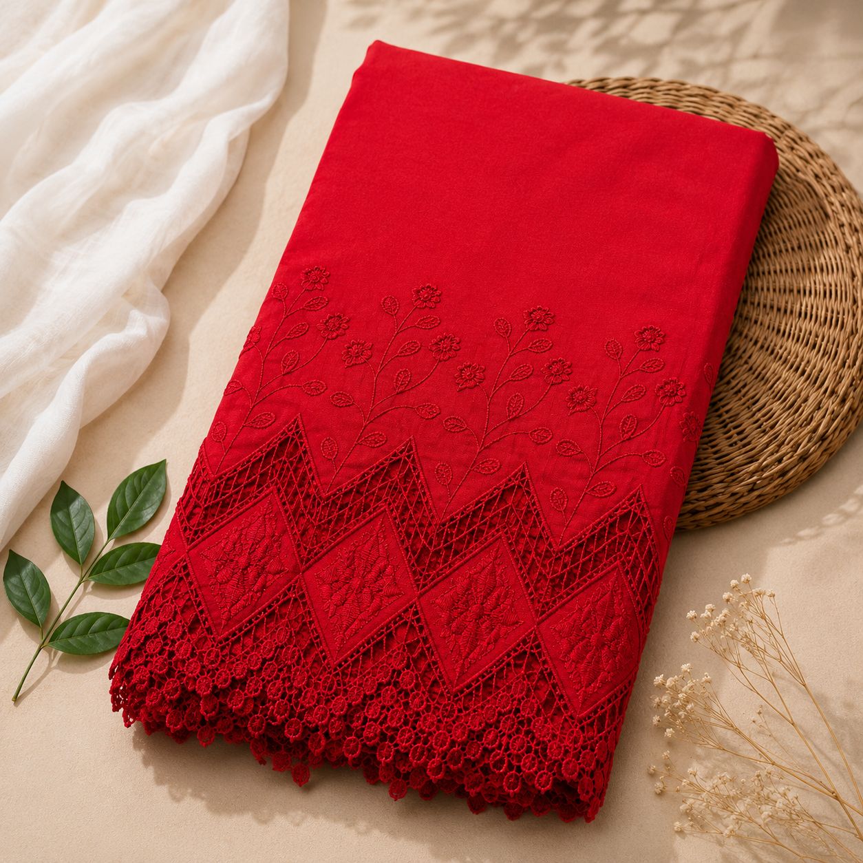 Buy Combo Red Apliq Chikankari with Kora Cotton Dolna Plazo Fabric