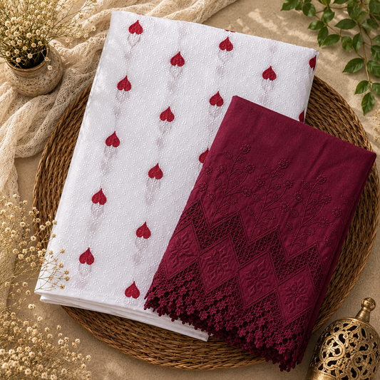 Buy Combo White Chikankari Mehroon Heart Kadai with Apliq Plazo Fabric