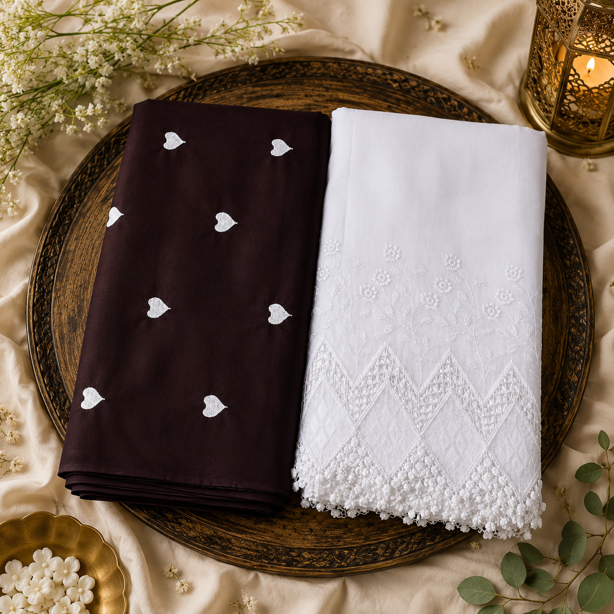 Buy Rayon Combo Coffee Base White Heart Kadai with Apliq Plazo Fabric