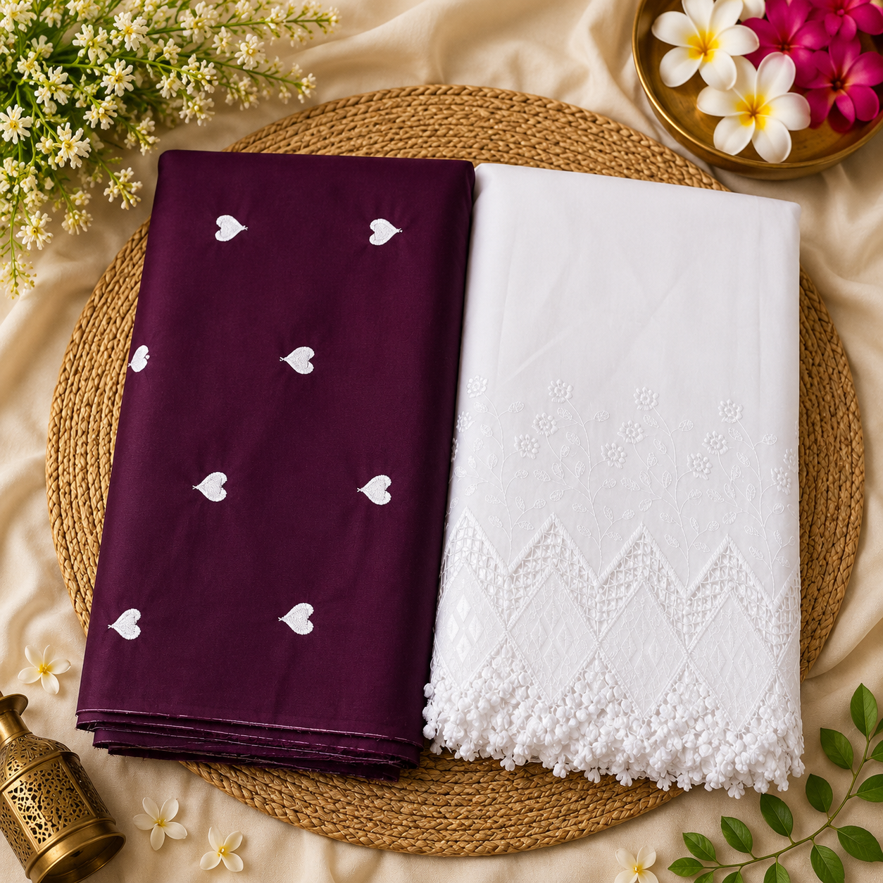 Buy Rayon Combo Wine Base White Heart Kadai with Apliq Plazo Fabric