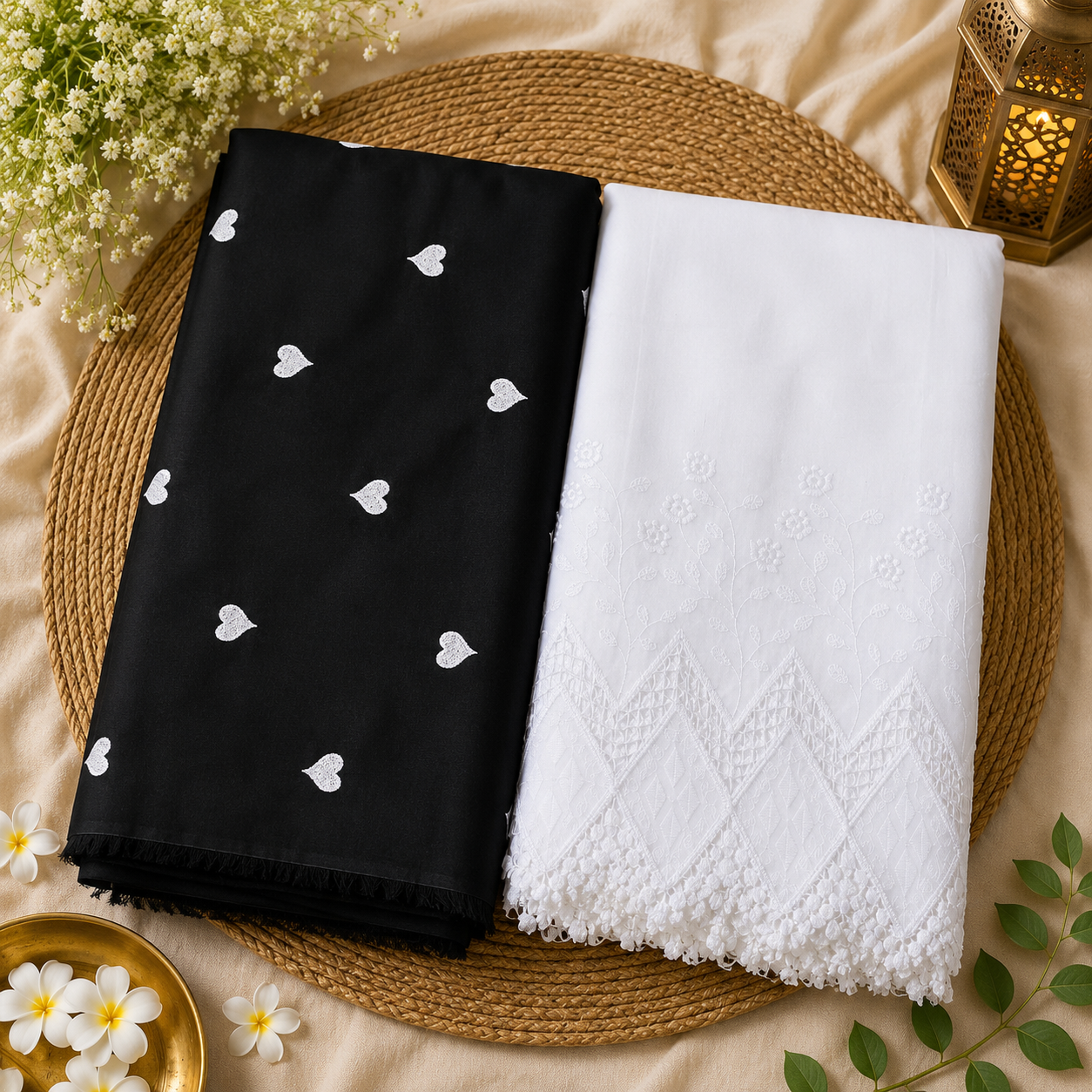 Buy Rayon Combo Black Base White Heart Kadai with Apliq Plazo Fabric