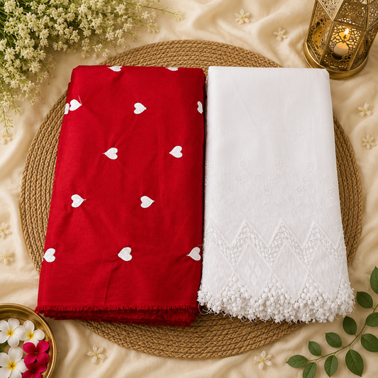 Buy Rayon Combo Red Base White Heart Kadai with Apliq Plazo Fabric