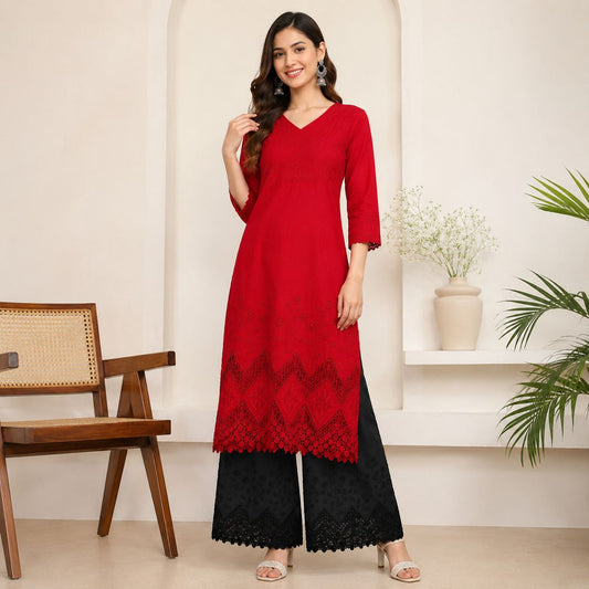 Buy Combo Red & Black Color Apliq Plazo Chikankari Fabric
