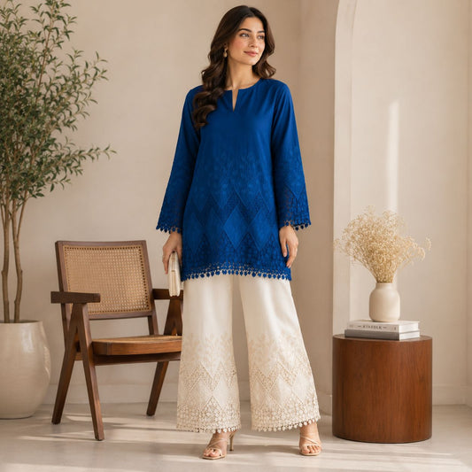 Buy Combo Diesel & Off White Color Apliq Plazo Chikankari Fabric