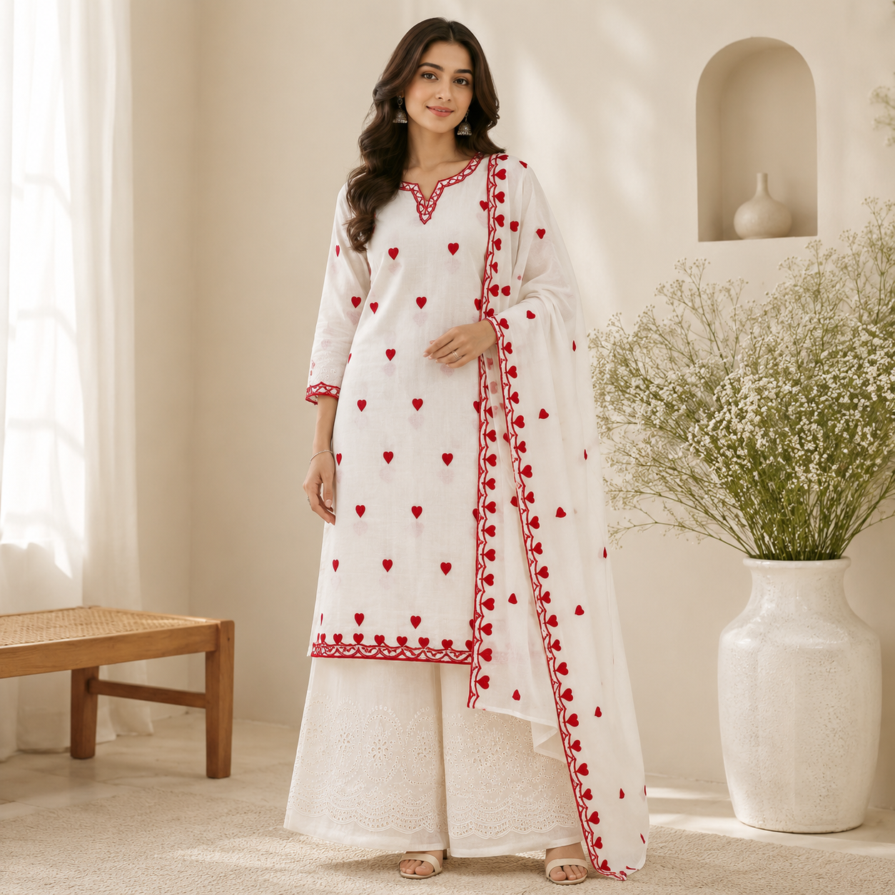 Buy Combo Red Heart Kadai Kora Cotton Top Bottom & Dupatta Fabric