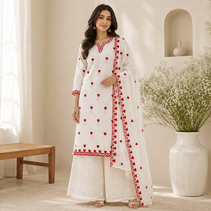 Buy Combo Red Heart Kadai Kora Cotton Top Bottom & Dupatta Fabric