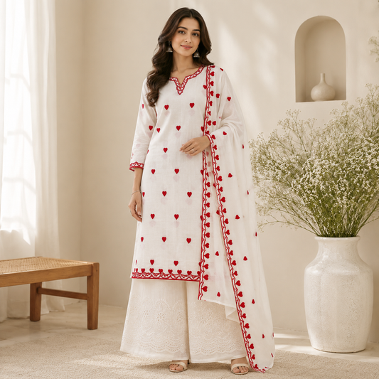 Buy Combo Red Heart Kadai Kora Cotton Top Bottom & Dupatta Fabric