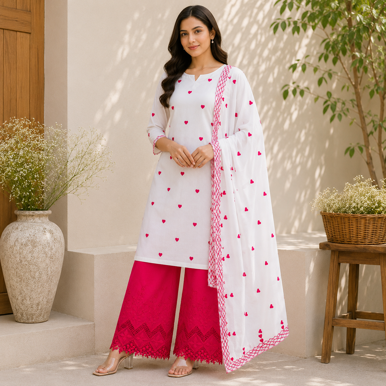 Buy Combo White Cotton Rani Heart Kadai Top & Dupatta with Apliq Plazo Fabric