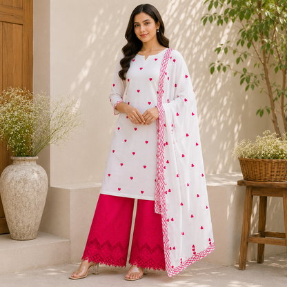 Buy Combo White Cotton Rani Heart Kadai Top & Dupatta with Apliq Plazo Fabric