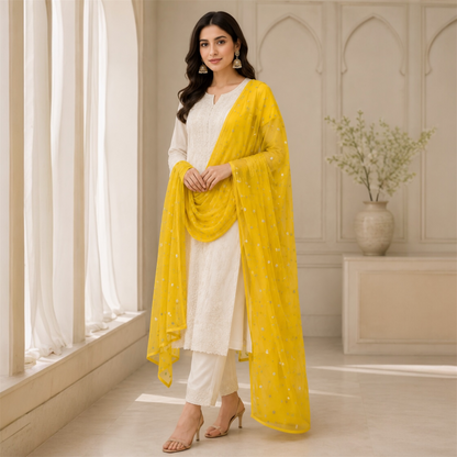 Buy Yellow Butti Net Fabric