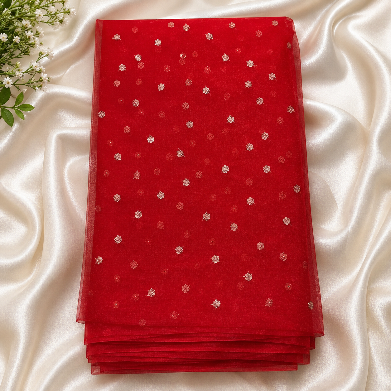 Buy Red Butti Net Fabric