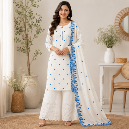 Buy Combo Royal Blue Heart Kadai Kora Cotton Top Bottom & Dupatta Fabric