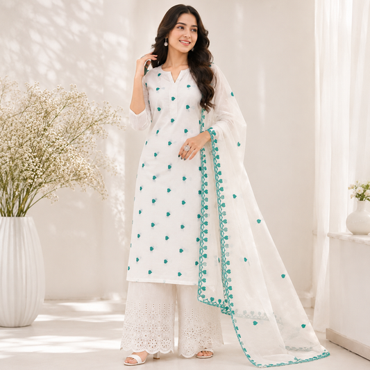 Buy Combo Rama Green Heart Kadai Kora Cotton Top Bottom & Dupatta Fabric