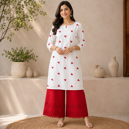 Buy Combo Triple Red Heart Kadai White Cotton with Apliq Plazo Fabric