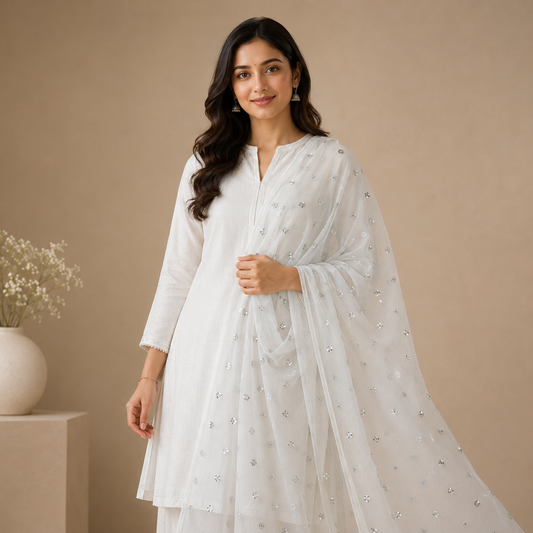 Buy White Silver Butti Net Fabric