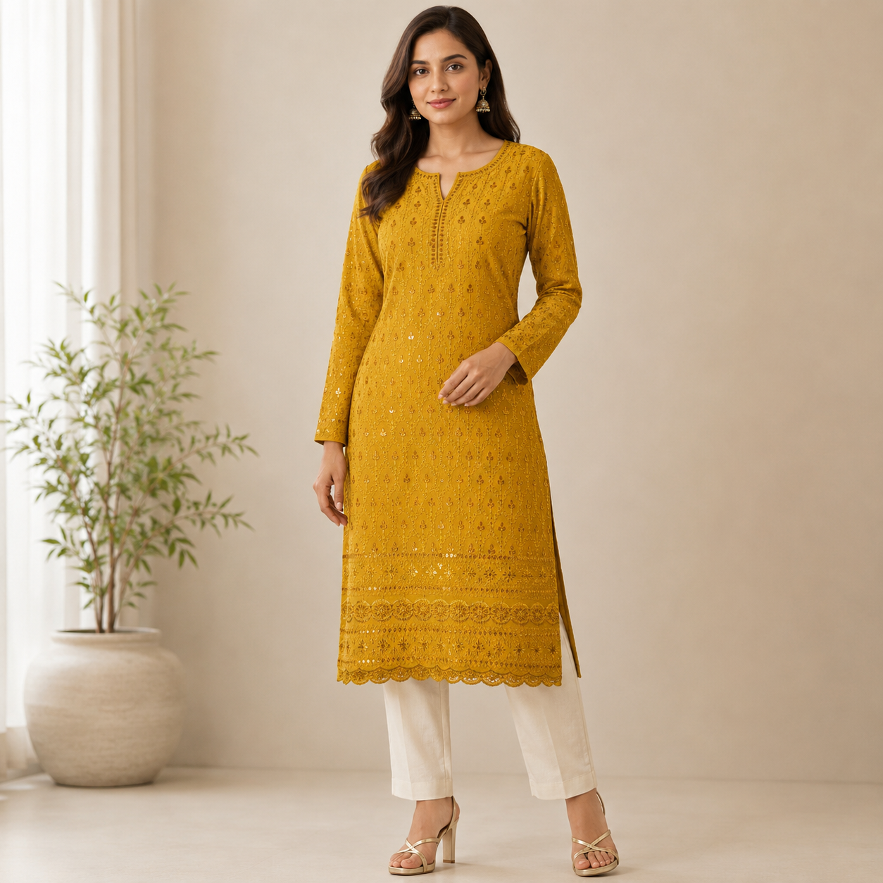 Buy Mustard Rayon Sequence Chikankari Fabric