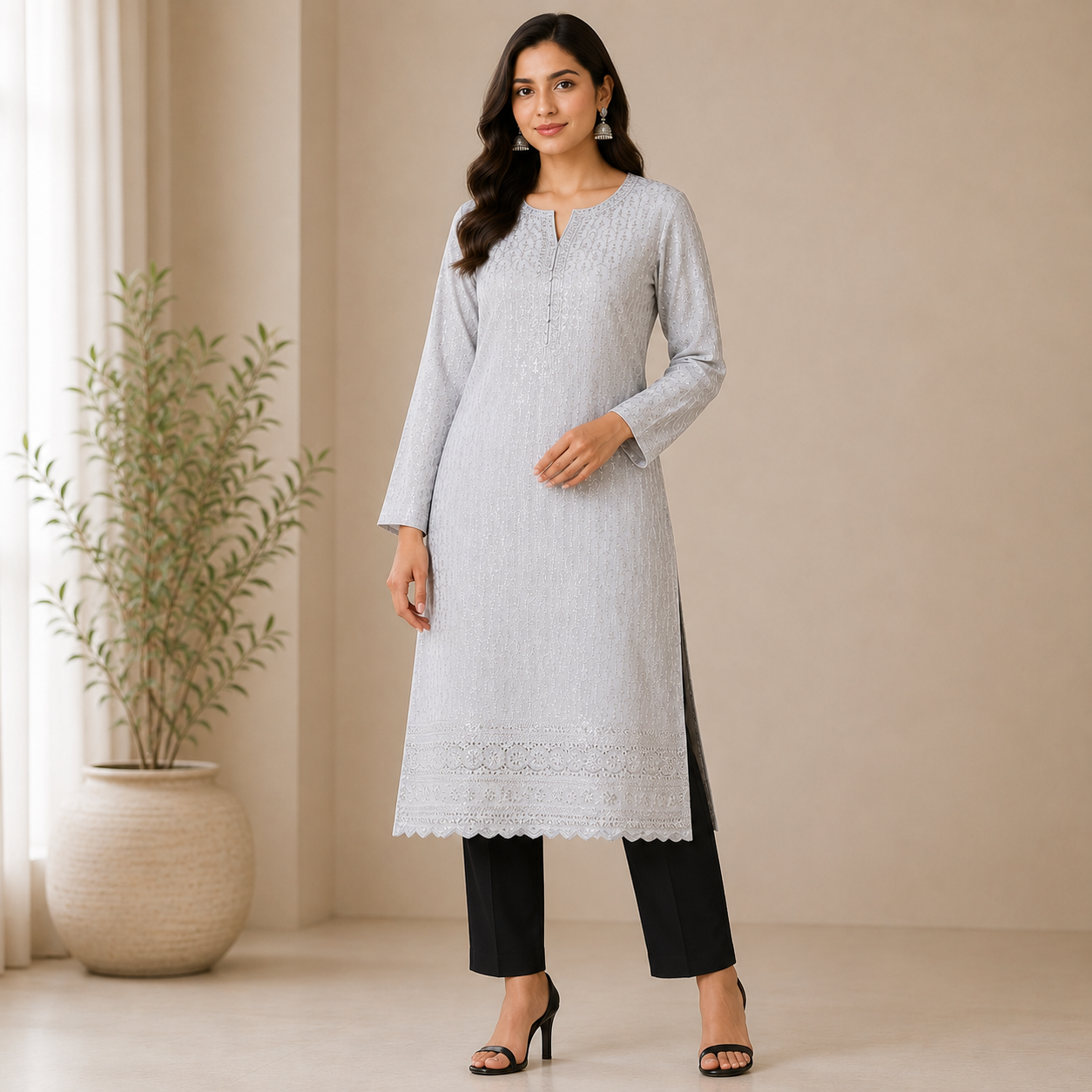 Buy White Rayon Sequence Chikankari Fabric