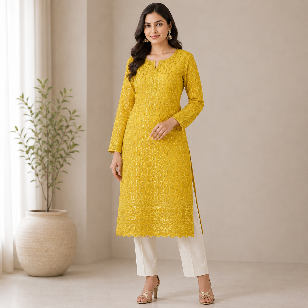 Buy Yellow Rayon Sequence Chikankari Fabric