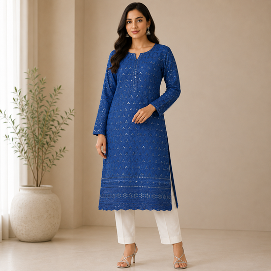 Buy Navy Blue Rayon Sequence Chikankari Fabric