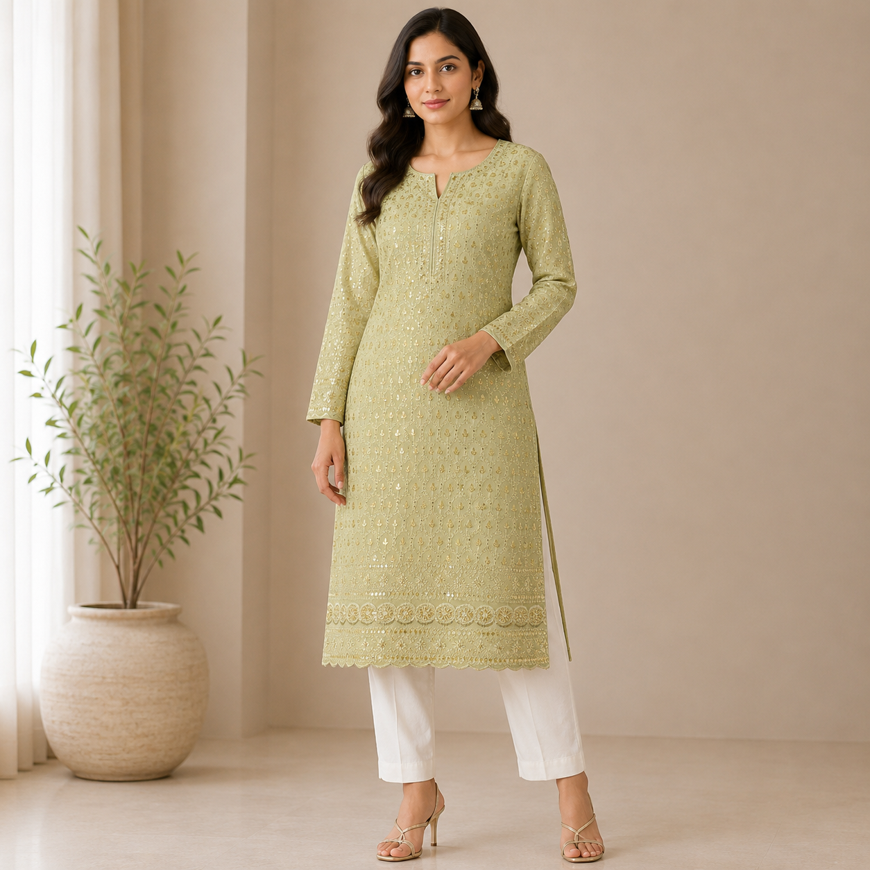Buy Golden Rayon Sequence Chikankari Fabric