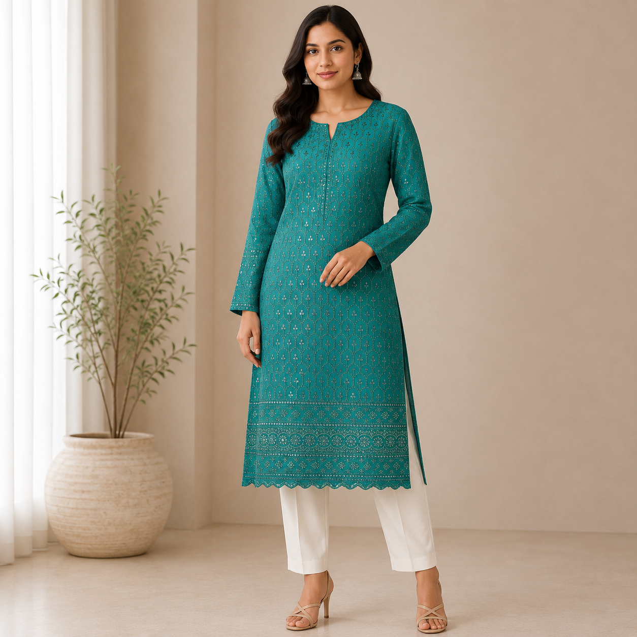 Buy Bottle Green Rayon Sequence Chikankari Fabric