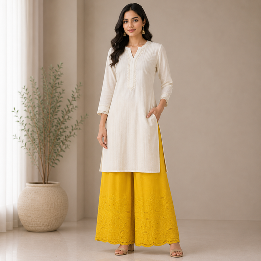 Buy Yellow Rayon Plazo Border Chikankari Fabric