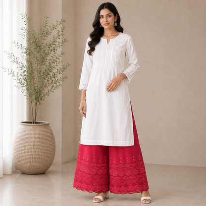 Buy Red Rayon Plazo Border Chikankari Fabric