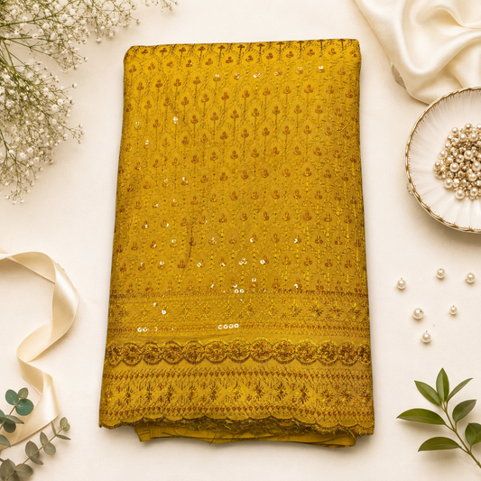 Buy Mustard Rayon Sequence Chikankari Fabric