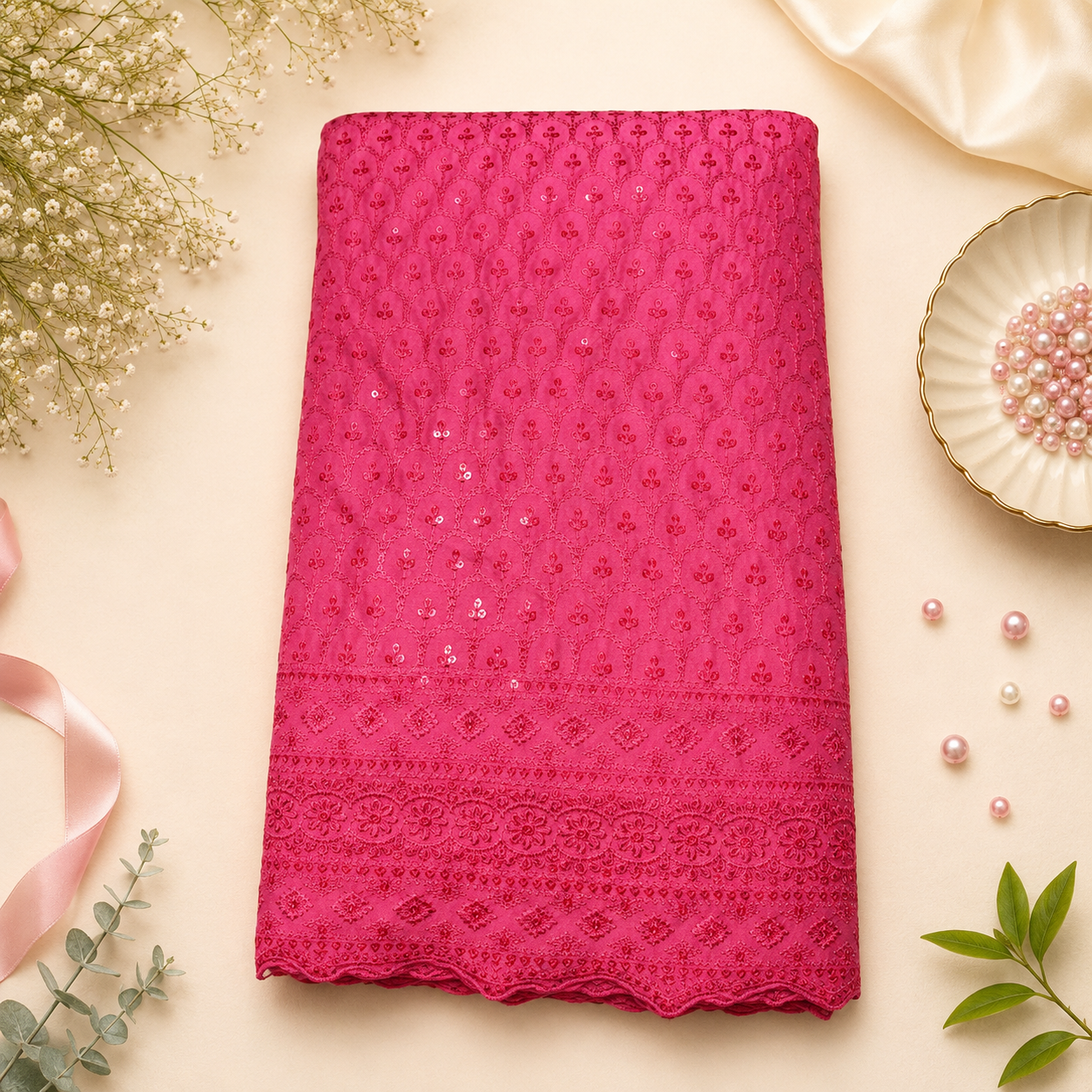 Buy Gajri Rayon Sequence Chikankari Fabric