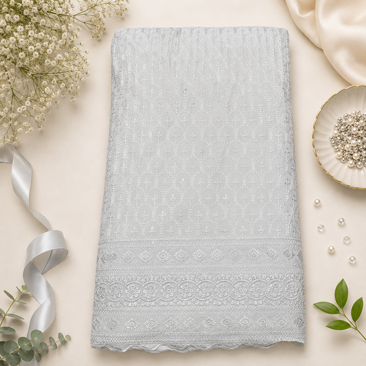 Buy White Rayon Sequence Chikankari Fabric