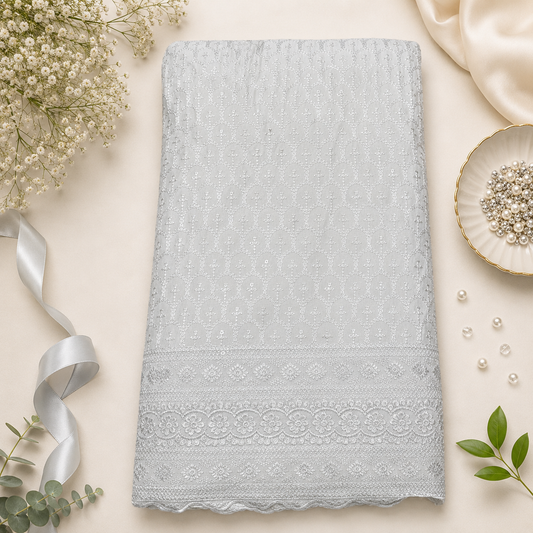 Buy White Rayon Sequence Chikankari Fabric