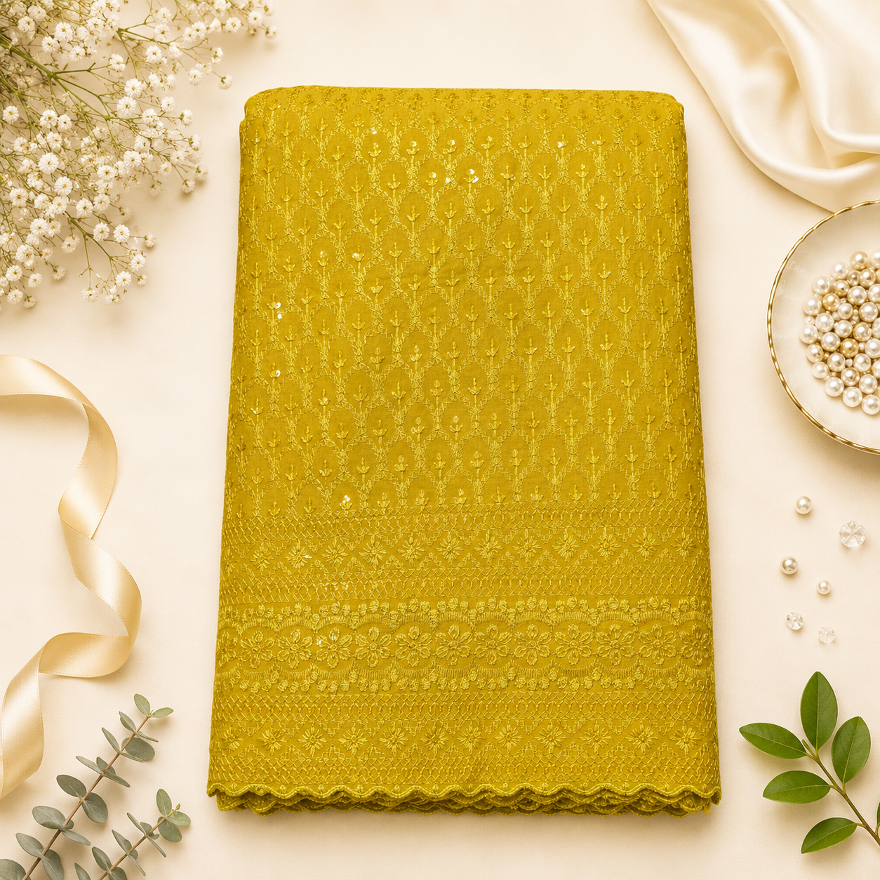 Buy Yellow Rayon Sequence Chikankari Fabric