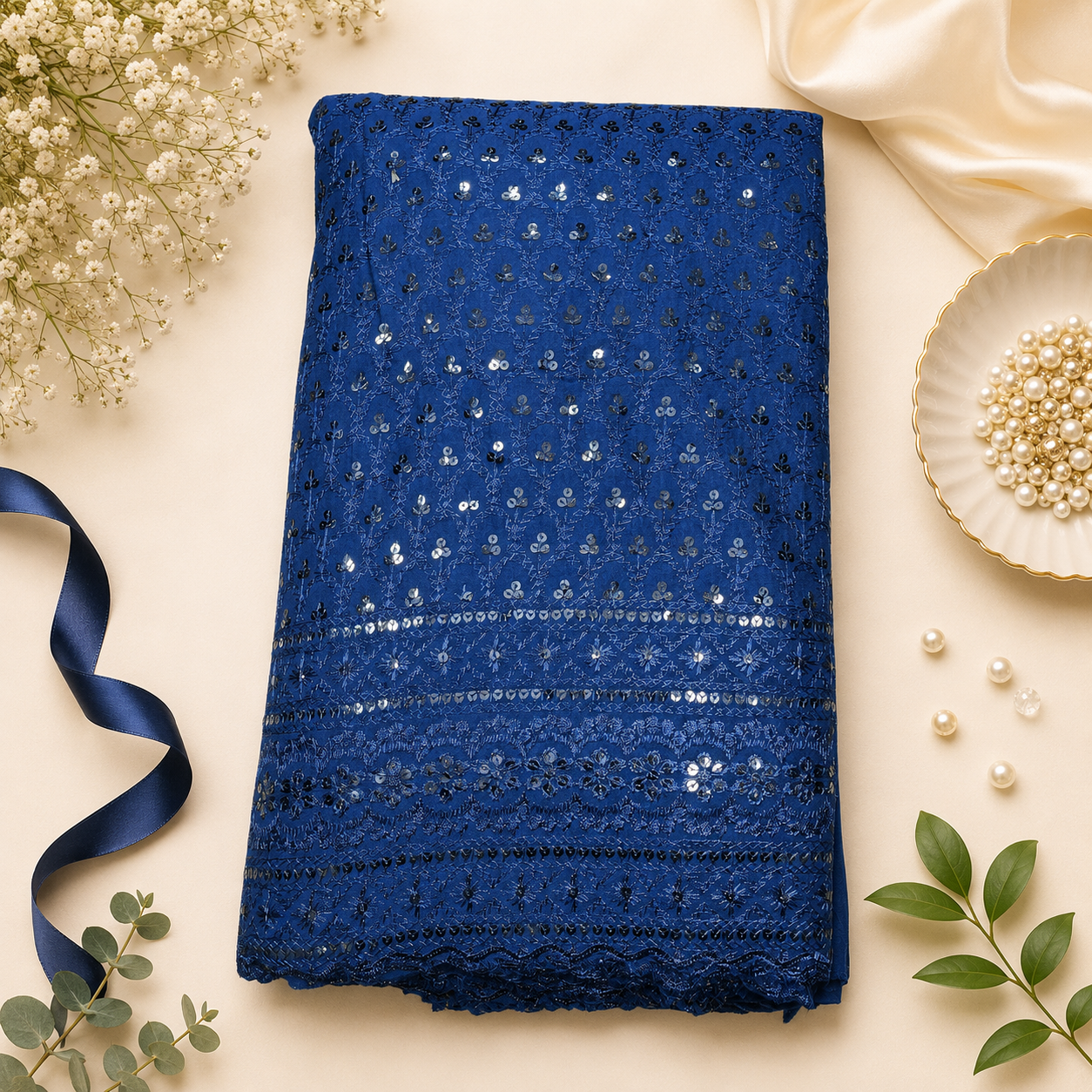 Buy Navy Blue Rayon Sequence Chikankari Fabric