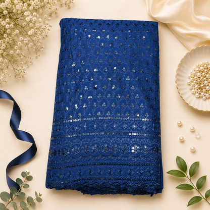 Buy Navy Blue Rayon Sequence Chikankari Fabric