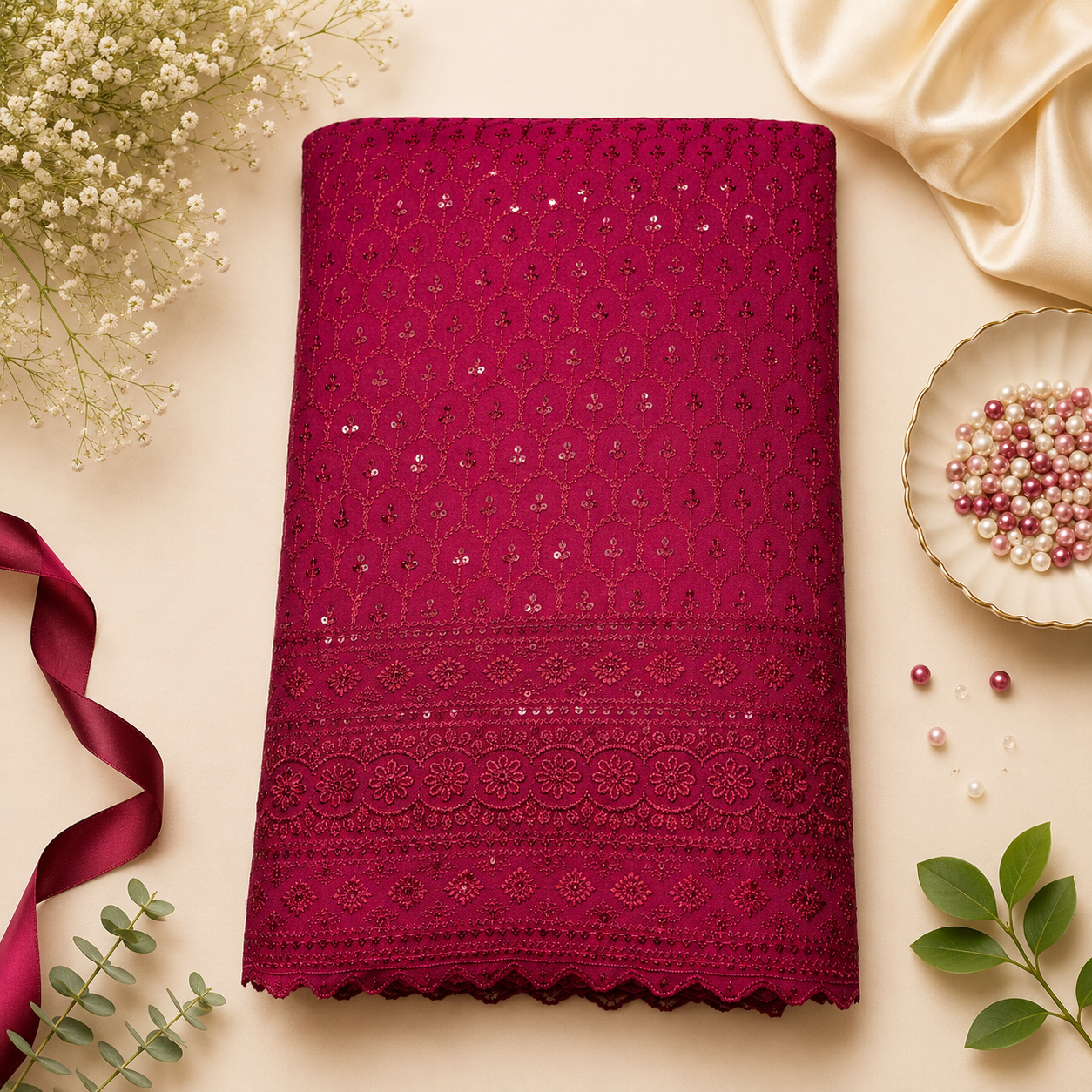 Buy Mehroon Rayon Sequence Chikankari Fabric